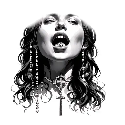 girl with rosary beads out of mouth open tattoo design idea