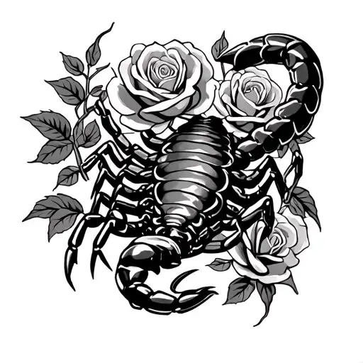 scorpion crawling with tail raised, holding a  Cuban link chain and surrounded by roses tattoo design idea