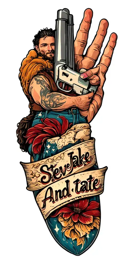 "Stevie, Jake, Andi, tate" western theme sleeve tattoo design idea