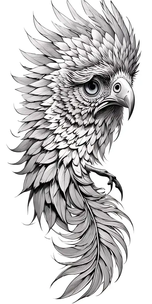 Phoenix head, phoenix wings spread peacock feather tail tattoo design idea