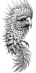 Phoenix head, phoenix wings spread peacock feather tail tattoo design idea