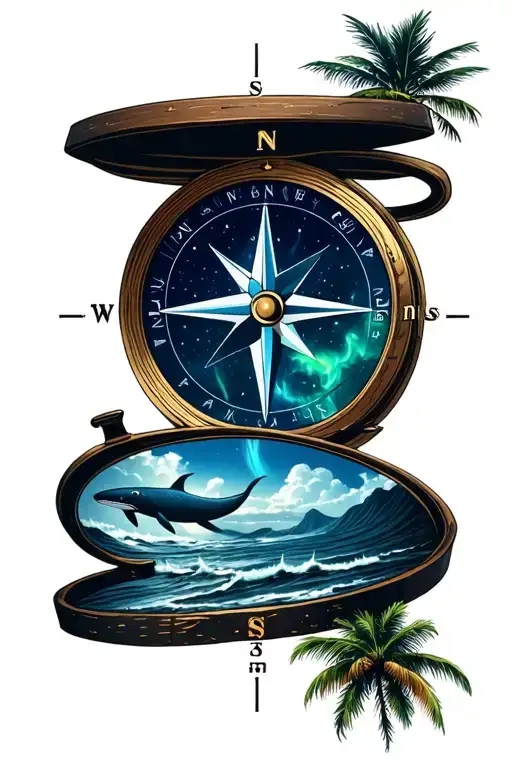 Compass with 4 pictures inside. 1 picture a whale, 2 image polar lights, 3. Picture Klippem by the sea, 4th picture desert with palm trees tattoo design idea