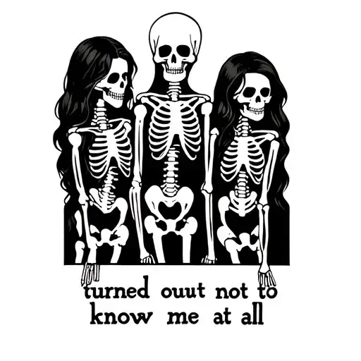 the text "turned out not to know me at all" with a group of 3 girl friends who are skeletons tattoo design idea