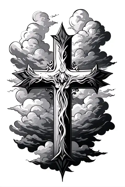 cross with faded clouds behind it masculine tattoo design idea