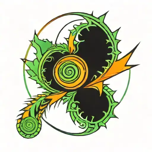 optical illusion in the form of a spiral with elements of green and orange spikes tattoo design idea