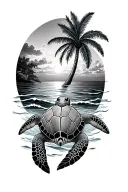 Sea turtle, ocean waves, plumeria, sunset, palm tree tattoo design idea