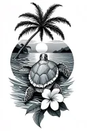 Sea turtle, ocean waves, plumeria, sunset, palm tree tattoo design idea