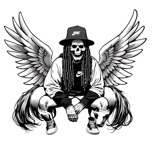 skull man in a bucket hat w/ long dreadlocks underneath,black Nike sweatshirt,shorts,socks,AF1 shoes ridin horse wings  tattoo design idea