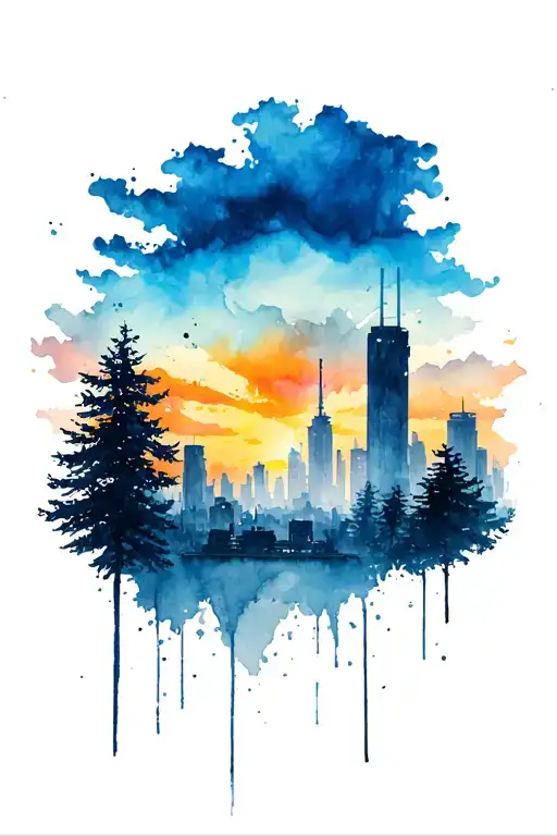 ghost city behind growing trees colors sunset realistic style industrial vibe tattoo design idea