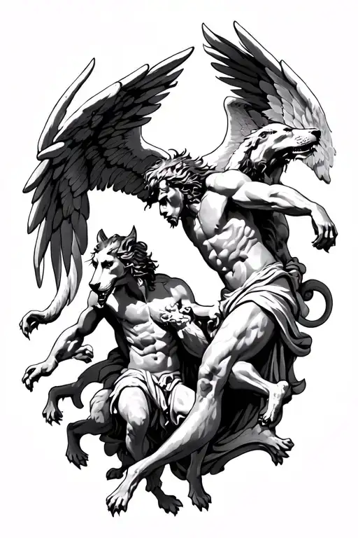 Icarus and Cerberus Greek mythology tattoo design idea