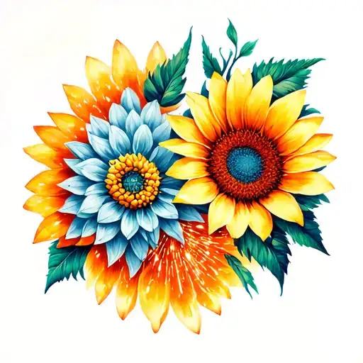 conca d'oro gladious & orange breeze dhalia & orange firecracker sunflower intertwined tattoo design idea
