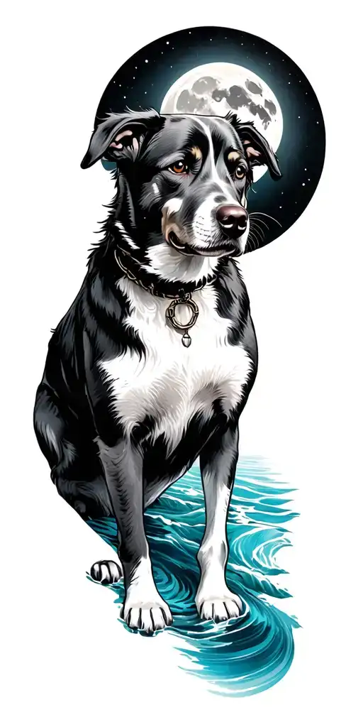 Theater, dog, ocean, moon tattoo design idea