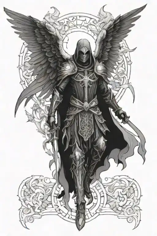 Create a detailed full-body tattoo design of Azrael, the angel of death. He is dressed in dark, intricate armor tattoo design idea