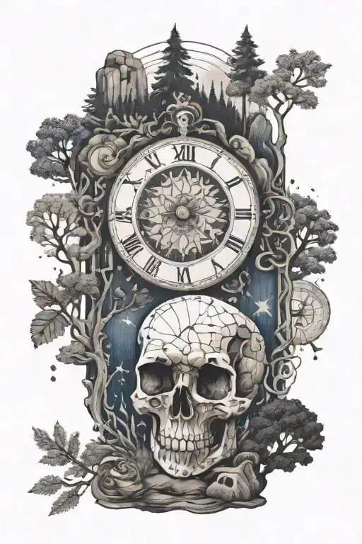 Tattoo on the theme of lost time, psychology, travel, forest and rock music tattoo design idea