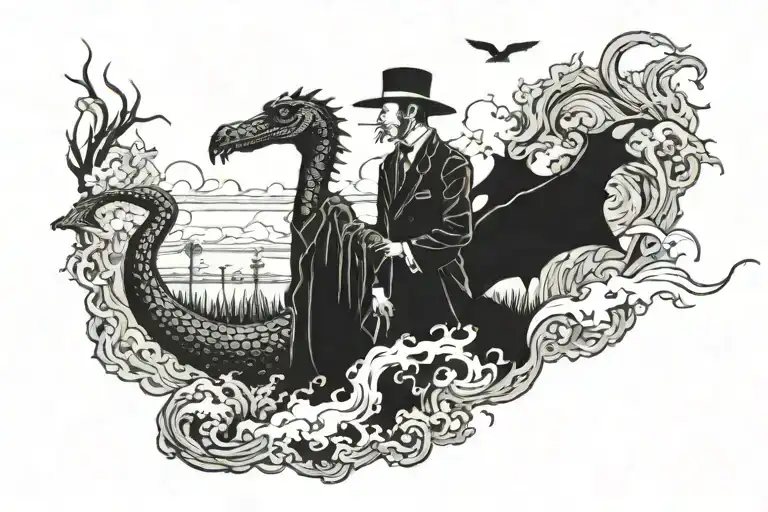 crocodile & crane on a cane field with smoke rising tattoo design idea