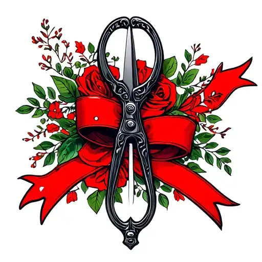 Red ribbon being cut in half by black ornate scissors tattoo design idea