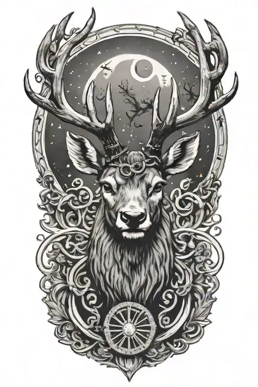 Powerful stag head with large antlers and rings on antler base, moon tattoo design idea