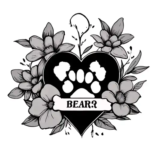 heart with 2 flowers surrounding dog paw in middle with dog bone and name bear tattoo design idea