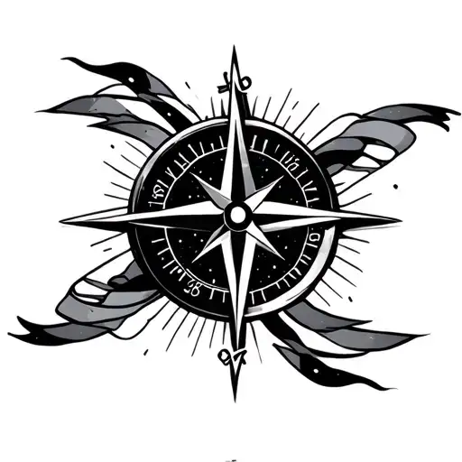 compass with no background , soundwaves, aurora ribbons flowing to dna tattoo design idea