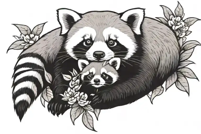 Cartoonized mother red panda with three baby panda flower bed  tattoo design idea