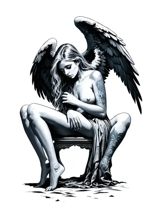 a sitting, sad, fallen angel of a female sex that covers the large wings and has testing tattoo design idea
