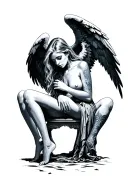 a sitting, sad, fallen angel of a female sex that covers the large wings and has testing tattoo design idea