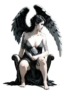 a sitting, sad, fallen angel of a female sex that covers the large wings and has testing tattoo design idea