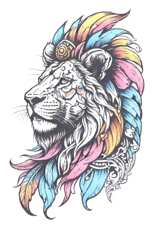 Trippy Mushroom colorful hyper realistic lion head tattoo design idea