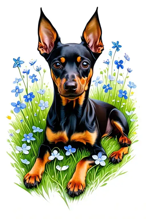miniature pinscher laying down in a field of forget me not flowers tattoo design idea