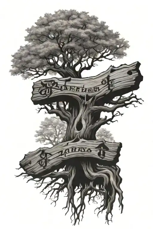  directional signs to places on a old tree branch tattoo design idea