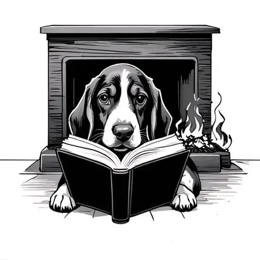 basset hound puppy reading a book by the fire place tattoo design idea
