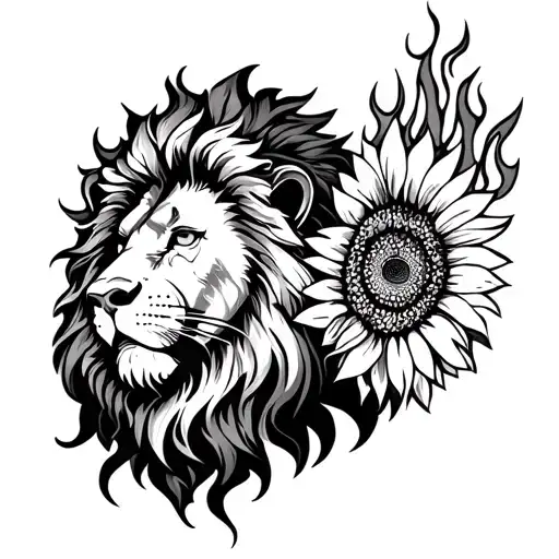 simplistic lion, metal music, sunflowers, fire, incorporated into a black and white woodcut styled shoulder tattoo tattoo design idea