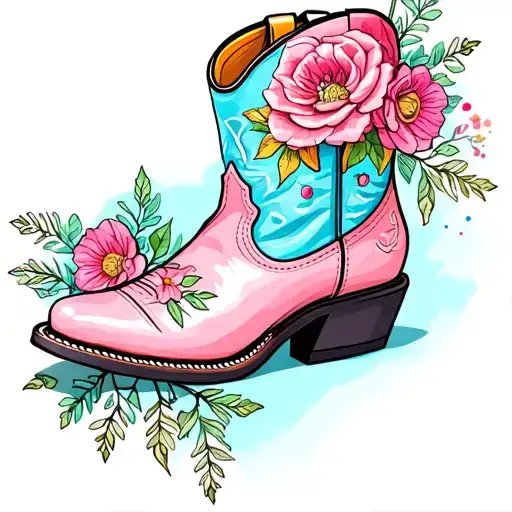 a baby pink and pastel sky blue cowboy boot with cosmo flowers and primerose flowers over flowing out of the top tattoo design idea