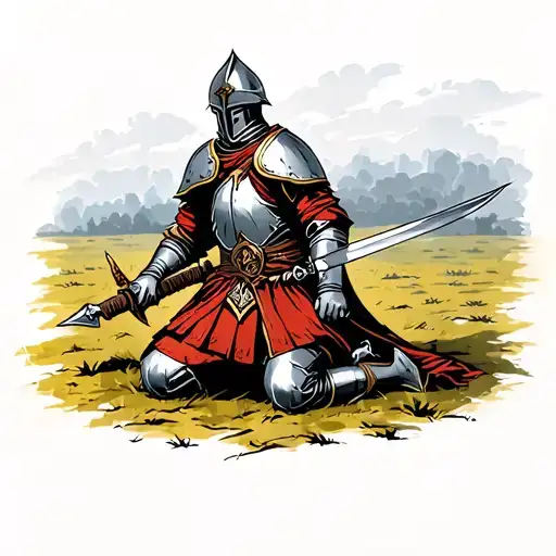 design me a medieval templar knight kneeling with his sword on a battle field in a neo traditional style tattoo design idea