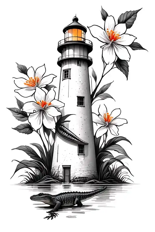 lighthouse with orange blossoms and baby alligator tattoo design idea