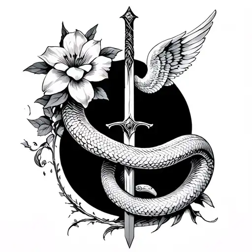 flower wrap, Icarus falling, snake Cooley into a sword, angels and wings tattoo design idea