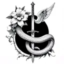 flower wrap, Icarus falling, snake Cooley into a sword, angels and wings tattoo design idea