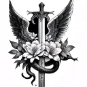 flower wrap, Icarus falling, snake Cooley into a sword, angels and wings tattoo design idea