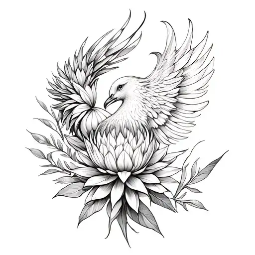 Protea flowers et phoenix tattoo design idea
