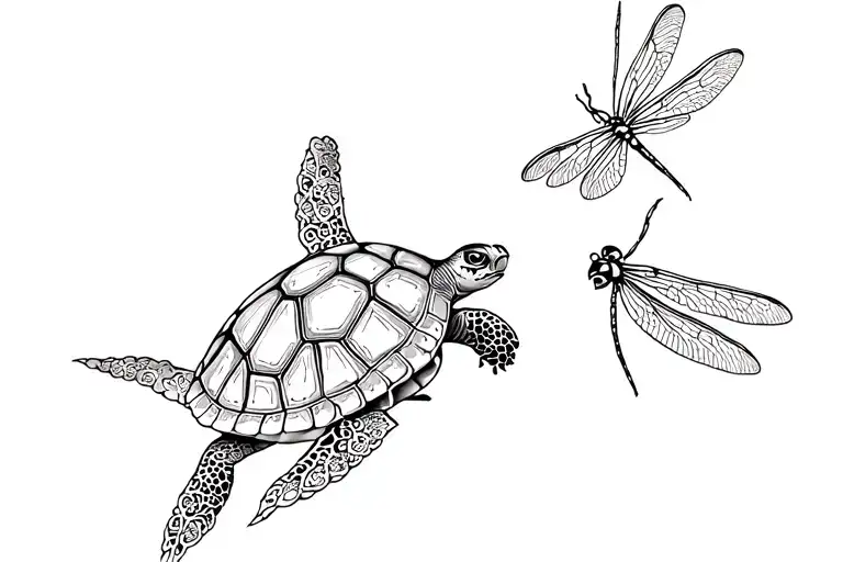 turtle and dragonfly hovering tattoo design idea