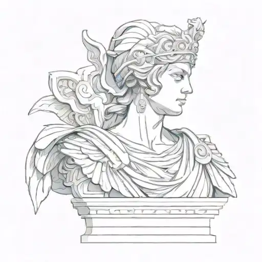 athena bust statue no helmet  on a short pedestal, cracks in the face tattoo design idea