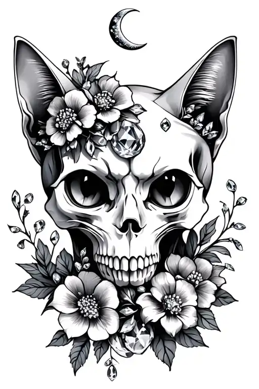cat skull with crystals flowers and crescent moon  tattoo design idea