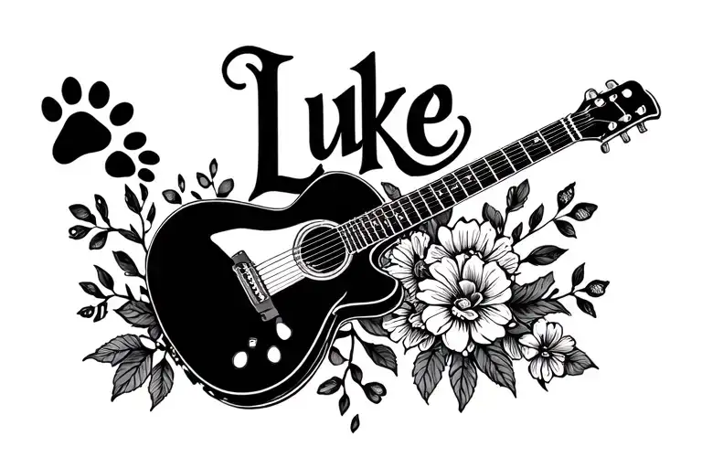 "Luke" "Luke" aquarius with guitar and paw prints and flowers  tattoo design idea