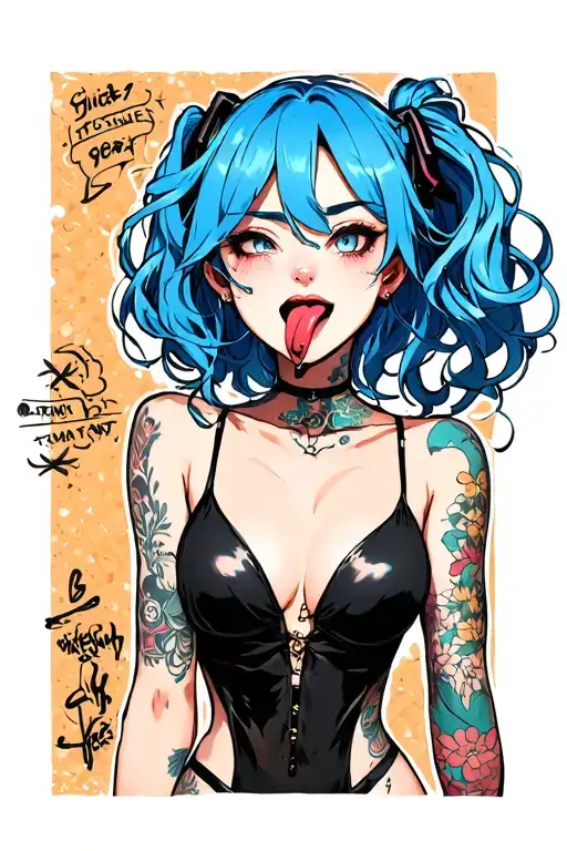 Clean, hentail, bdsm, stick out tongue, nymphomaniac face, young, sexy front position, leaning, hide nudity, blue hair tattoo design idea