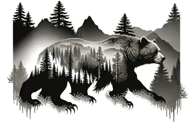 Bear with mountain eagle forest  tattoo design idea