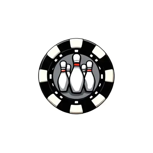 poker chip with bowling pins in the background tattoo design idea