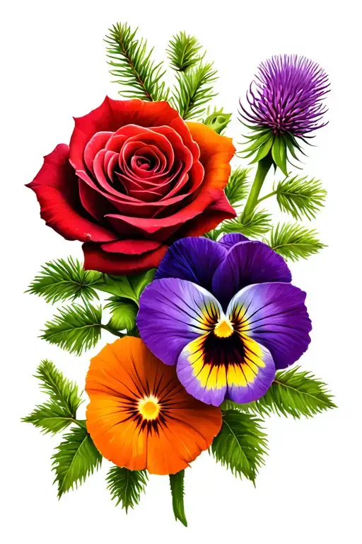Pine Tree background, purple scottish thistle, red rose, orange pansy tattoo design idea