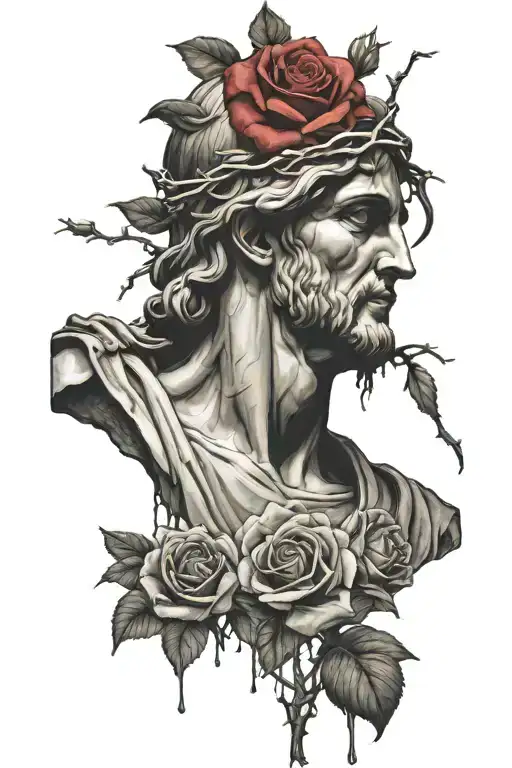 Christ the redeemer bleeding from thorns on roses tattoo design idea