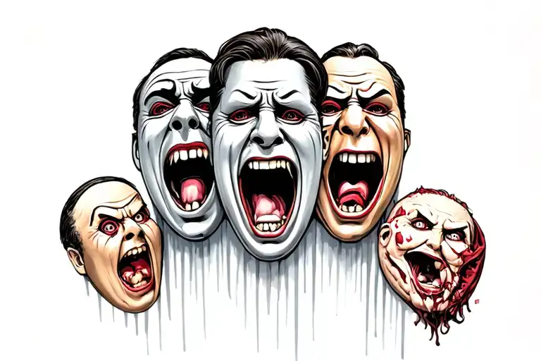 three comedy tragedy masks. the left maniacally angry. the right dementedly sad. the middle creepy smiling tattoo design idea