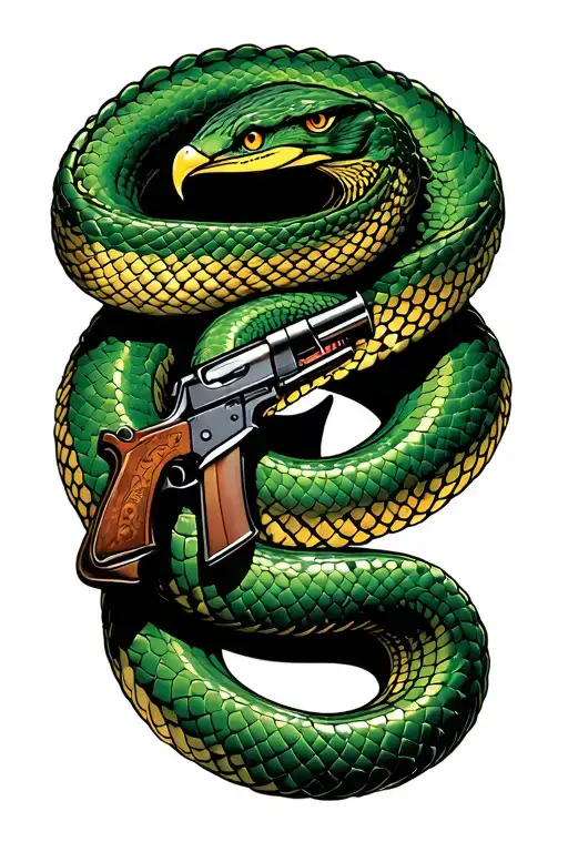 make a tattoo snake with falcon ak 47 and gill shaped tattoo design idea